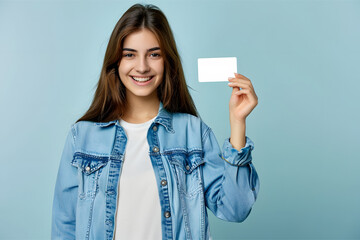 A young woman in a denim shirt holding a business card 