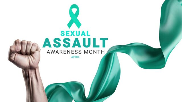 Sexual assault awareness month. teal color ribbon wave motion. hand animation.