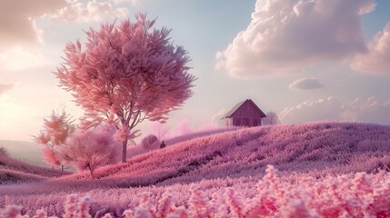Pink spring landscape with tree. Futuristic fantasy world