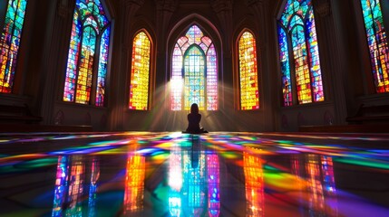Person Sits Piously in Majestic Church, with Folded Hands. Christianity and Belief in Power and Love of God