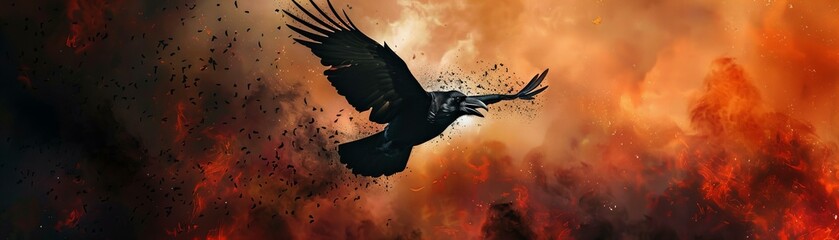 Phoenix in a fiery landscape. Digital fantasy art with dynamic movement for mythical creature - obrazy, fototapety, plakaty