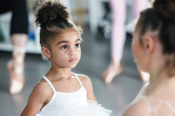 young ballerina looking expectantly at instructor - obrazy, fototapety, plakaty