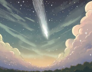 Anime-style illustration of a small shooting star streaking across the night sky with thunderclouds.