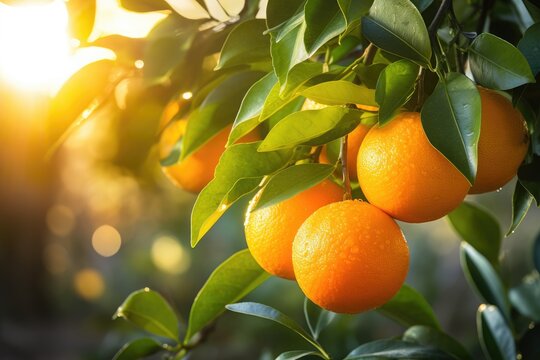 Tangerines fruit, View on a branch with bright orange tangerines on a tree in a garden, at sunset A branch with natural clementine's against a blurred background, Ai generated