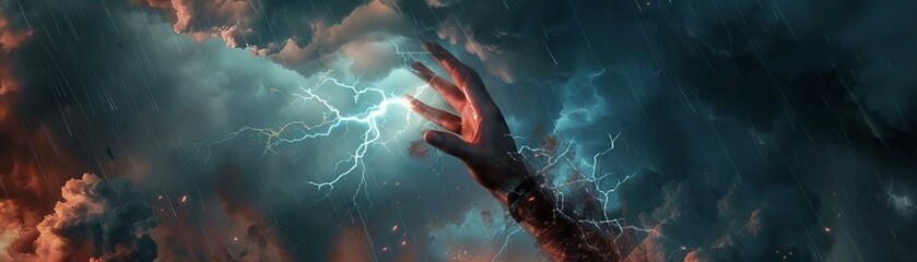 Dynamic painting of hand reaching out to touch a lightning bolt, representing power and inspiration
