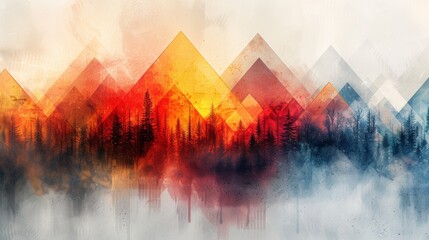 Abstract colorful mountain landscape with forest