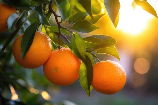 Tangerines fruit, View on a branch with bright orange tangerines on a tree in a garden, at sunset A branch with natural clementine's against a blurred background, Ai generated