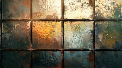 Condensation on glass panels with colorful reflections