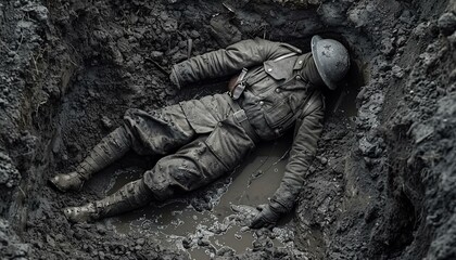 Dramatic reenactment of a soldier lying in a trench. History and military. historical documentary