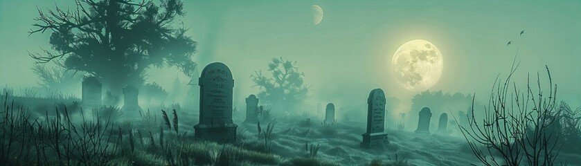 Haunted cemetery with fog under a full moon. Horror and gothic concept. Design horror movie poster