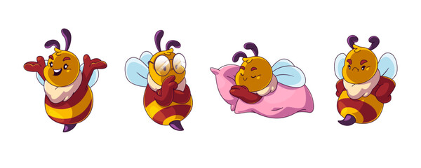 Obraz premium Cute baby bee cartoon character with different emotions and poses. comic vector mascot set of little honeybee happy and cheerful, angry and thoughtful in glasses, sleeping on pink pillow under blanket