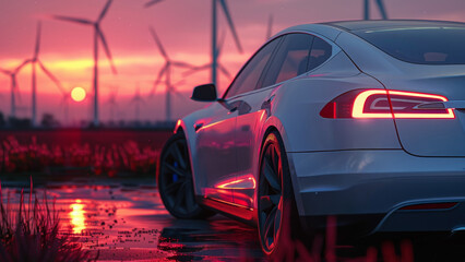 Electric Car and Wind Turbines at Sunset - obrazy, fototapety, plakaty