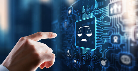 Justice and law concept. Icon Law on virtual screen. Blurred background