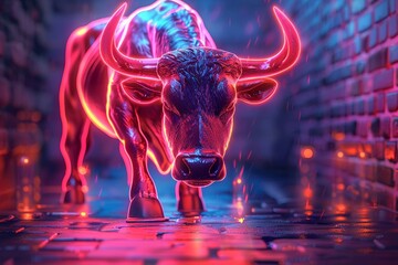 Bull market symbol, tech finance background, vibrant neon, low angle , clean sharp focus - obrazy, fototapety, plakaty