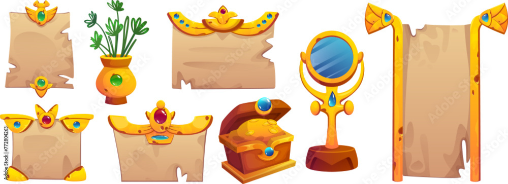 Aufkleber egyptian game ui frames and assets. cartoon vector set of ancient egypt papyrus scroll and parchment