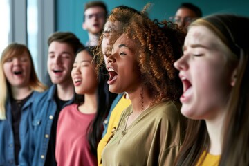 group of friends singing along, artist in distance