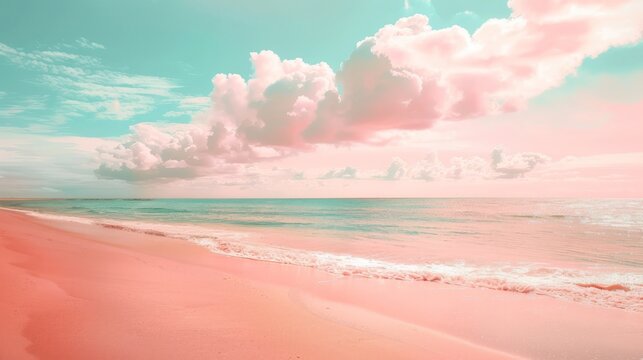 Pink Sand Beach Painting With Blue Sky