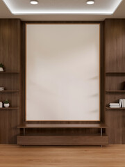 A front view of a large empty frame mockup on a wooden wall in a modern luxurious room.
