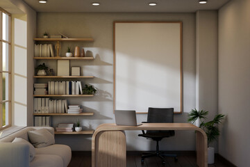 A contemporary minimalist private office or home office features a laptop on a modern desk.