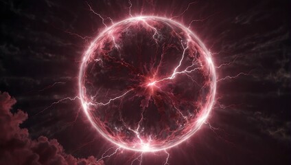 A radiant sphere of pink plasma energy, bursting with dynamic streaks of lightning and surrounded by a glowing ring, embodies the concept of power and space-time travel. 