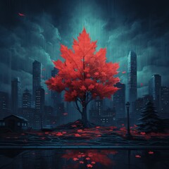 A tree with red leaves is in the middle of a city