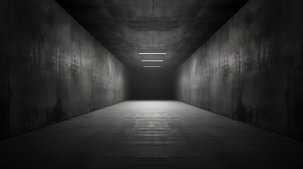 Dark concrete tunnel with LED white lights underground, corridor, cement