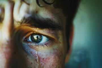 closeup of male face with tear streaming down cheek, blurred background - obrazy, fototapety, plakaty