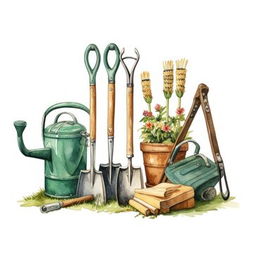 garden tools green watering can watercolor clip art preview