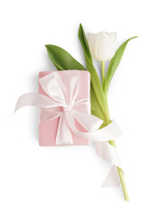 Gift box with tulip flower on white background