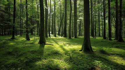 Fototapeta premium Sunlit Forest Path with Lush Green Grass and Towering Trees