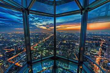 Fototapeta na wymiar Breathtaking City Panorama through Glass-Walled Observatory: Sprawling Night Views Unfolded