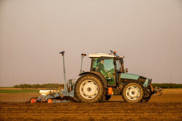 Fototapeta premium Green tractor seeding soil with planter in agricultural field during golden hour