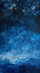 Abstract blue and white painting resembling night sky and sea