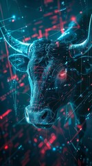 Futuristic bull in digital finance world, glowing lines, topdown view , clean sharp focus