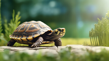 Obraz premium Close up brown tortoise is walking on grass field in spring summer bokeh background with a copy space.