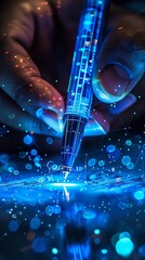 Futuristic pen, signing digital documents, blue light, eyelevel perspective , clean sharp focus
