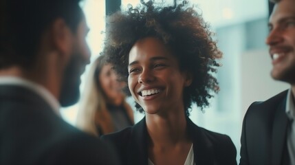 Motivation in every gesture: black smiling executive creates her own world of business energy and progressive determination, where every investment becomes a success at the conference
