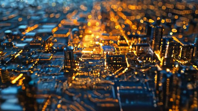 A complex pattern of golden, shimmering electronic circuits spreads across the surface of a deep blue printed circuit board. 