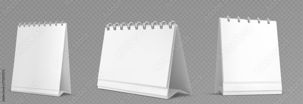 Poster desk calendar with spiral mockup. realistic 3d vector set of vertical and square table flip planner 