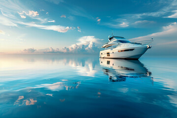 Serene ocean view, futuristic yacht breaking the horizon, clean lines, ample copy space for...