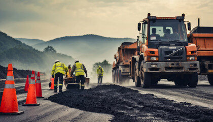 Road construction workers' teamwork, tarmac laying works at a road construction site, hot asphalt gravel leveled by workers, and road surface repair