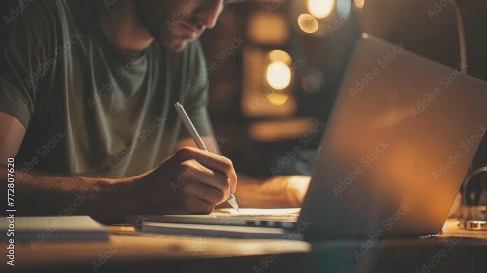 Poster a man seated at a table, focused on writing in a notebook while using a laptop