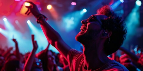 A man in sunglasses enthusiastically raises his arms in the air amidst a vibrant nightclub party atmosphere