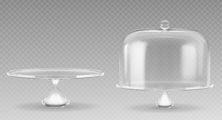 Cake glass stand with dome bell cover mockup. Realistic 3d vector illustration set of transparent plastic empty tray with cap. Dessert bakery cloche pedestal. Cylinder glassware showcase or platter
