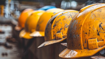 A row of yellow hard hats stacked on top of each other, used by construction workers for safety on-site
