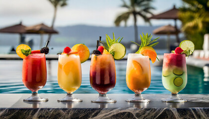 A beach resort's pool bar serving frozen tropical fruit cocktails - obrazy, fototapety, plakaty