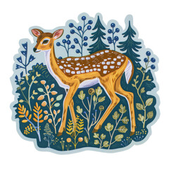 Whimsical Deer in Forest Illustration Sticker - Transparent Background