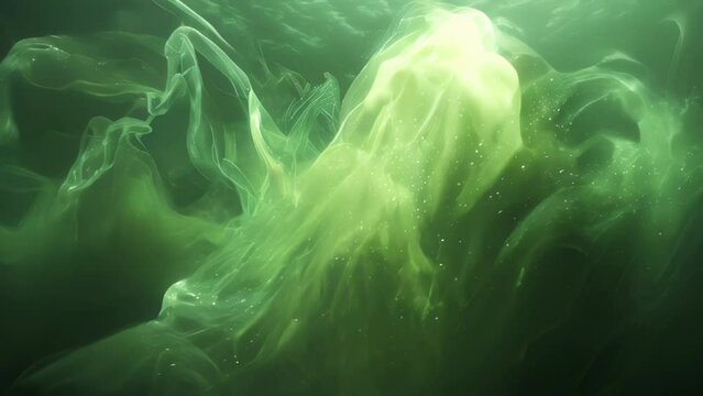 Abstract background of mysterious green smoke swirling and flowing in captivating patterns. The semi-transparent smoke glows an ethereal emerald green as light passes through it. 