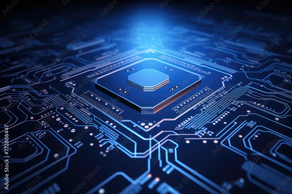Poster glowing circuit board ,futuristic circuit board on a blue background 3d rendering artificial intelli
