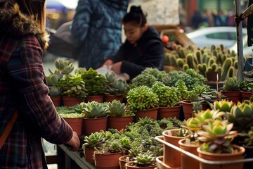 stall with array of potted succulents and buyer